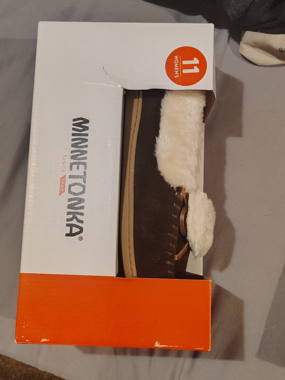 Minnetonka Brown Suede Moccasin Slipper with Cream Shearling Trim